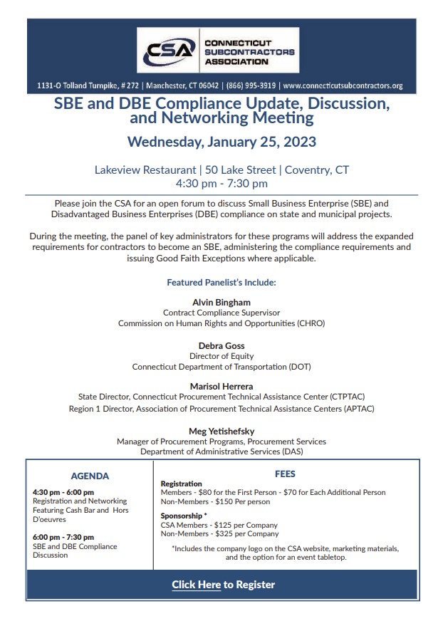 SBE and DBE Compliance Update, Discussion, and Networking Meeting @ Lakeview Restaurant
