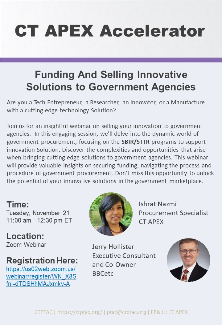 CT APEX Webinar: Funding And Selling Innovative Solutions to Government Agencies